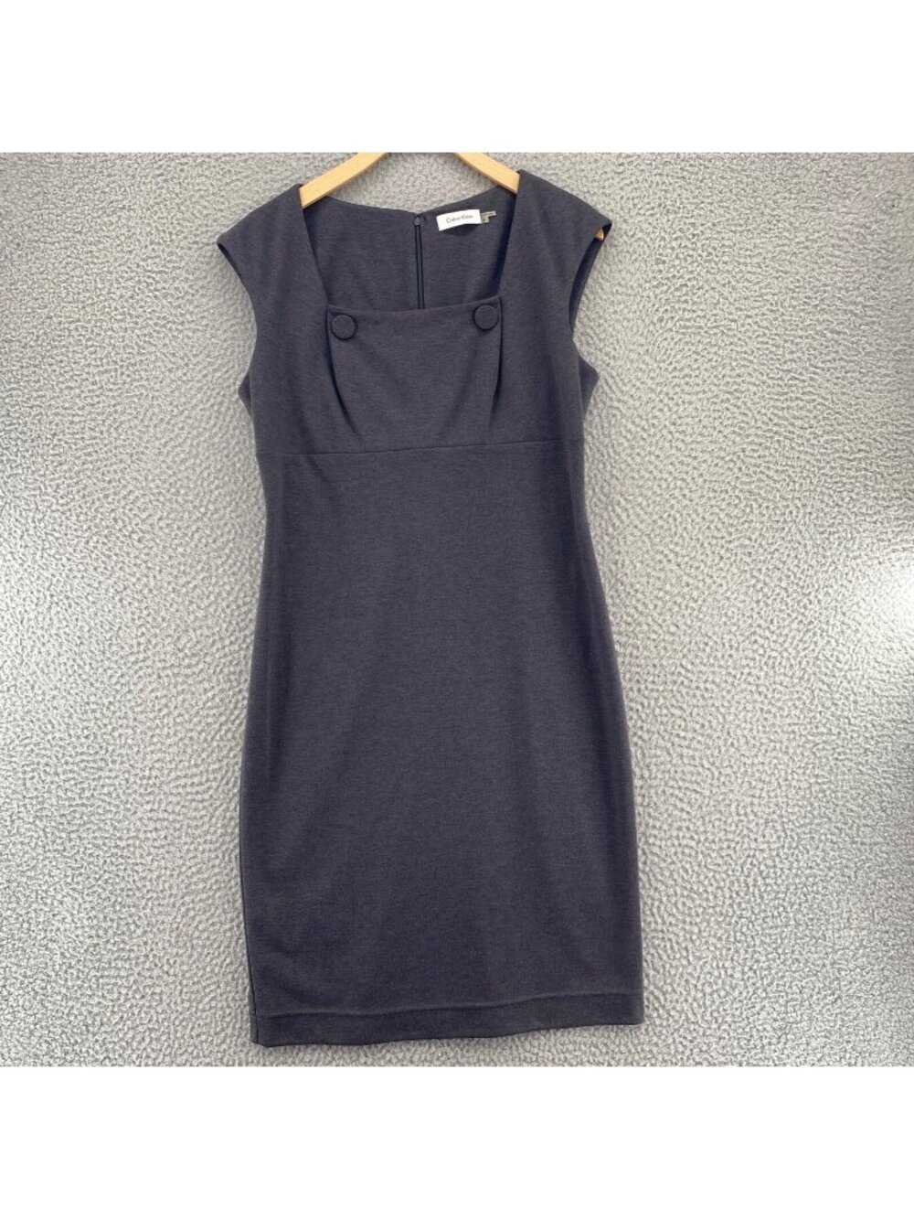 Calvin Klein Dress Womens 8 Gray Sheath Square Neck Button Ponte Knit Sleeveless